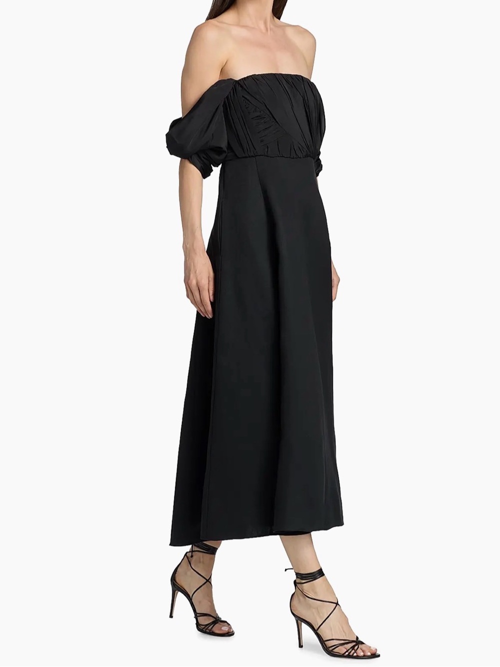 Reiss Black Off-Shoulder Midi Dress with Puff Sleeves - Picture 3 of 3